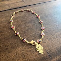 Gold Filled Red Evil Eye Hamsa 10 Inch Anklet