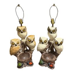 2x Set of Large VTG Owl Trio Chalkware Lamps W/ Ashtray or Planter 1970s Era