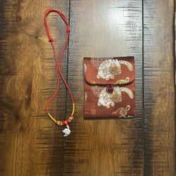Chinese Gift Fortune Bag & Red String Necklace Silver Charm