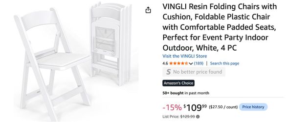 12 padded white resin folding chairs and 2 white 6 foot folding tables.
