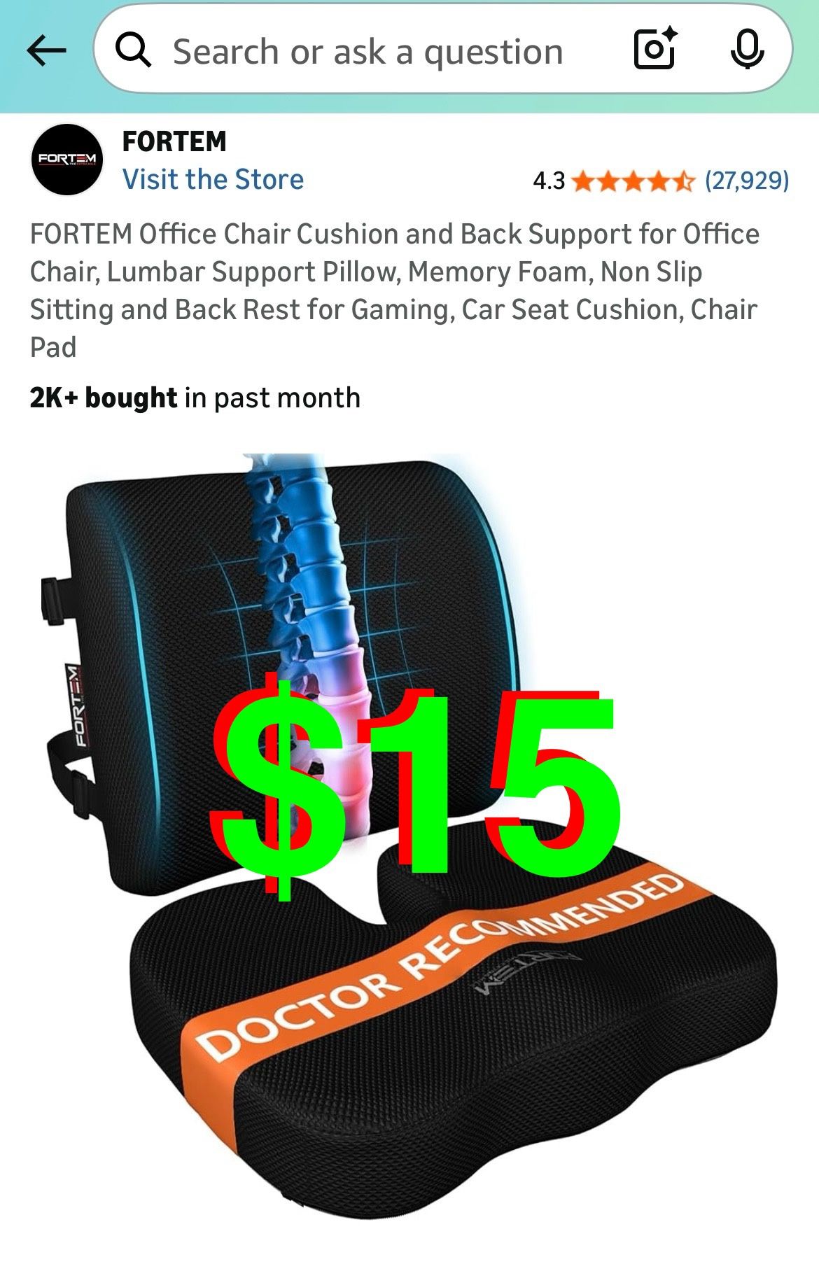 Office Chair Cushion and Back Support for Office Chair, Lumbar Support Pillow, Memory Foam, Non Slip Sitting and Back Rest for Gaming, Car Se