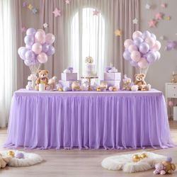 Lavender Tulle Tablecloth For 8 Foot Rectangular Table 8ft Light Purple Rectangle Table Cloth Wrinkle Free Tablecover With Tutu Skirt For Wedding Birt