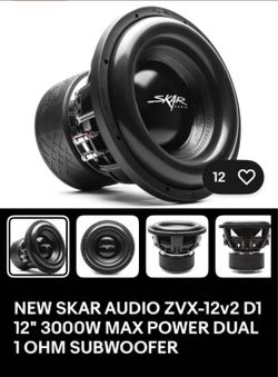$320 SKAR AUDIO ZVX-12v2 D1 12" 3000W MAX POWER DUAL 1 OHM SUBWOOFER