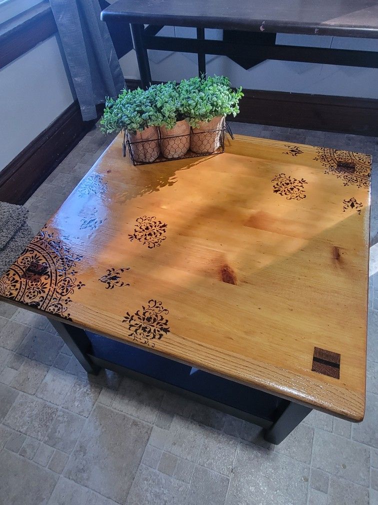 Wood Burned Mandala Design Top Solid Wood Coffee Table