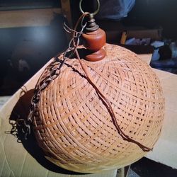 Vintage Wicker And Brass Swag Hanging Lamp