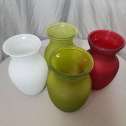 Set of 4 Frosted Glass Vases 8" Tall, Frosted Green (2), Redish Burgundy, and White, Beautiful Vases! 