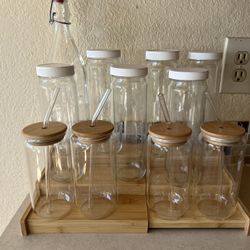 Assorted Glass Bottles With Bamboo Shelf Organizer