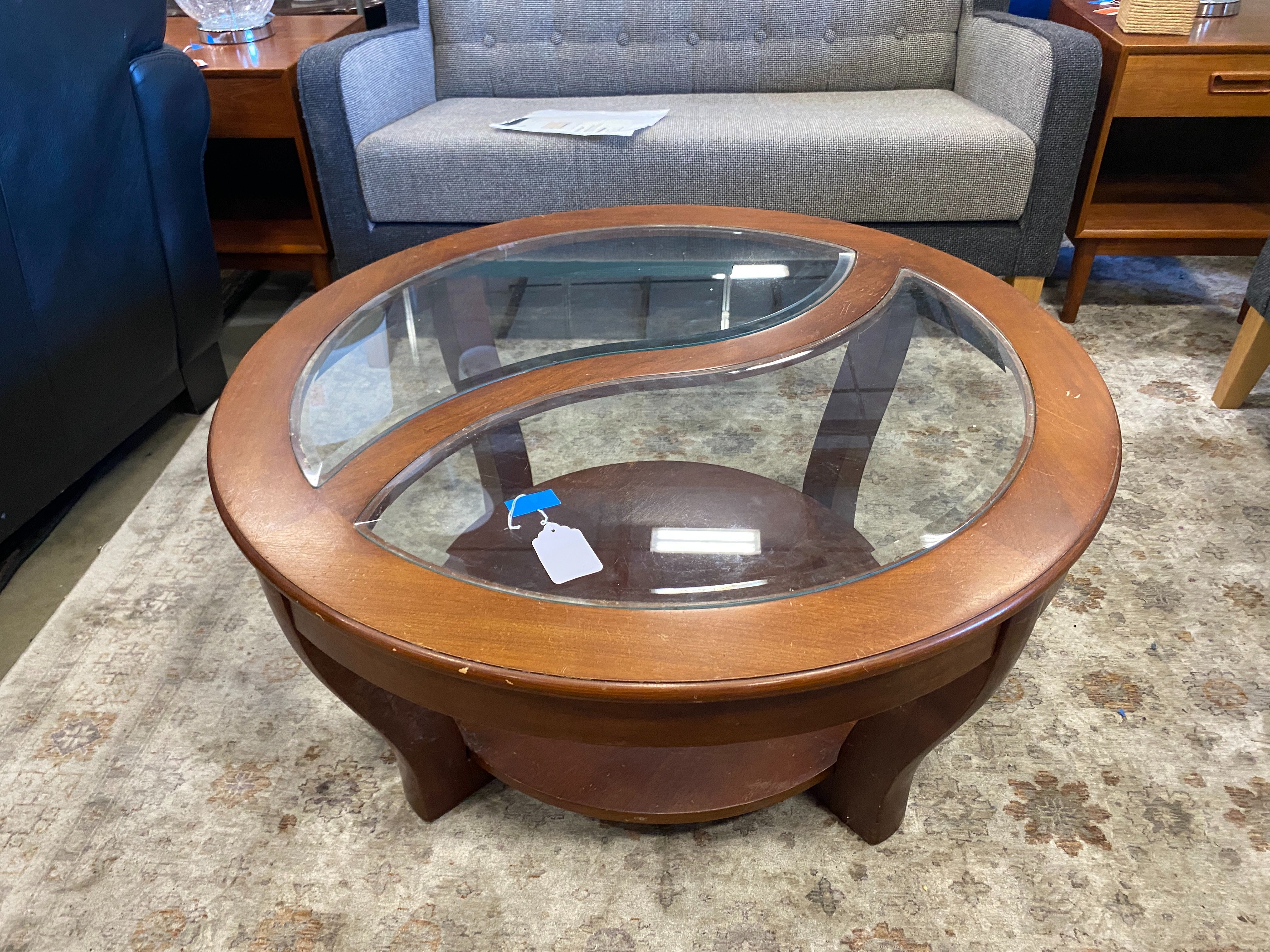 Wood Framed Glass Yin-Yang Coffee Table