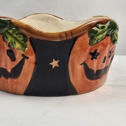 🎃 Hand Painted Ceramic Pumpkin Bowl – 10” Halloween Candy Dish 🍬

