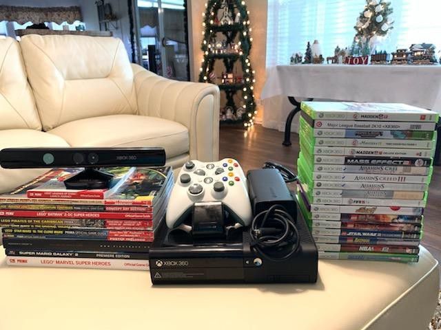 Xbox 360, 2 controllers, Kinect set, 19 Games, 6 Game Magazines, Multi Charging Dock, Like New, $130 OBO, Make Fair Offer