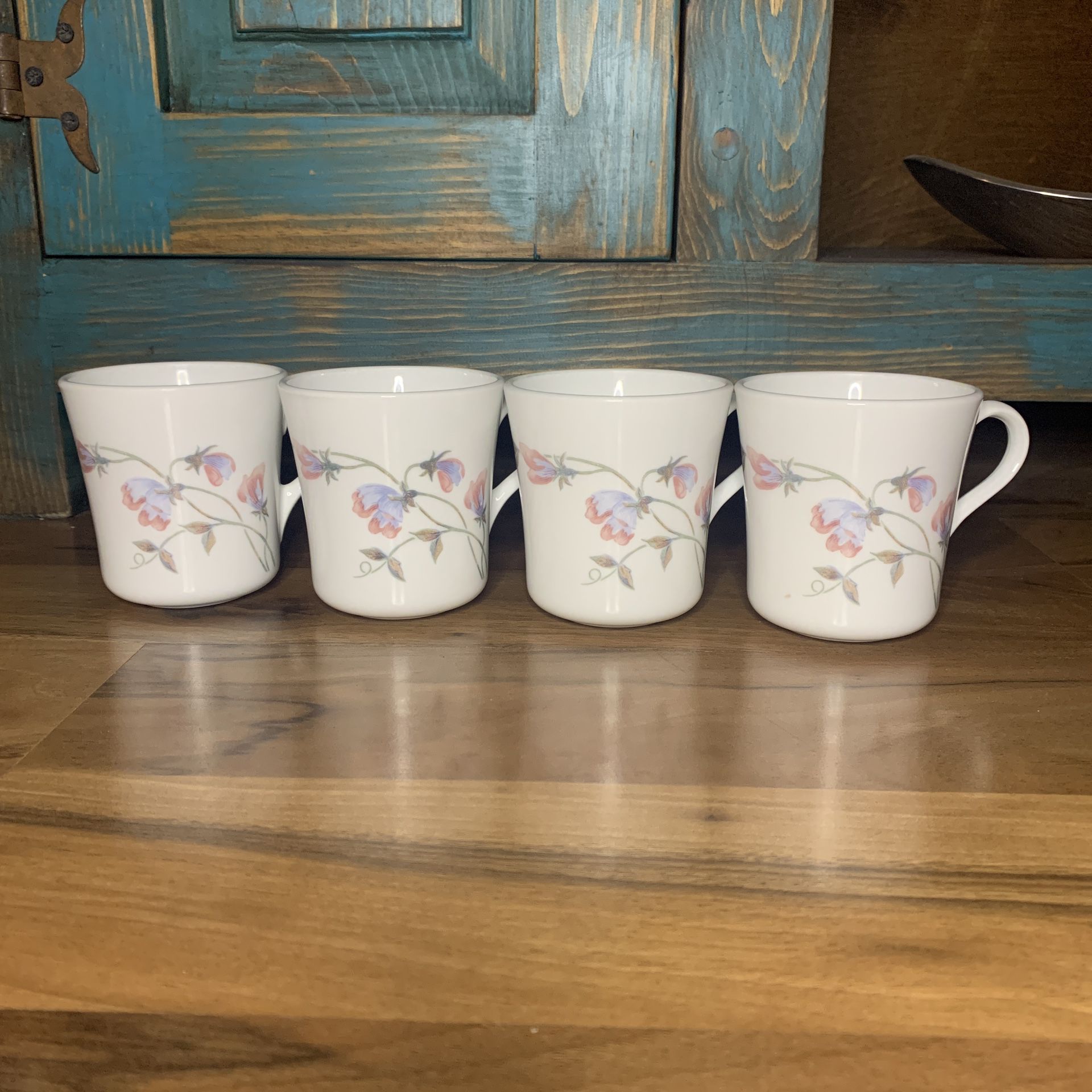 4 Corning Ware White Pink Blue Floral Coffee Cups Mugs
