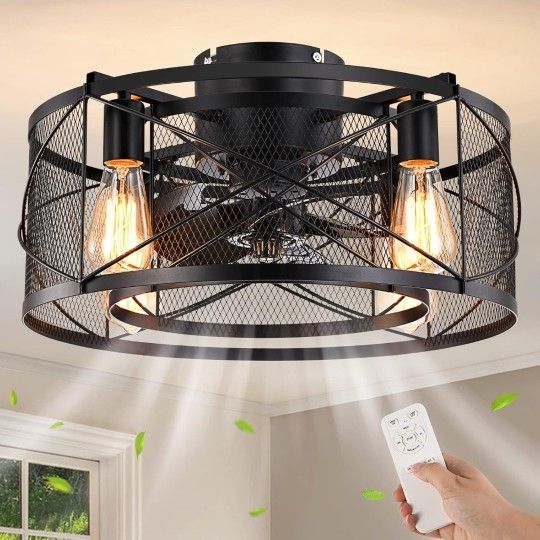 New Caged Ceiling Fan with Light, 20 In Ceiling Fan Lights with Remote, 3 Speeds Adjustable