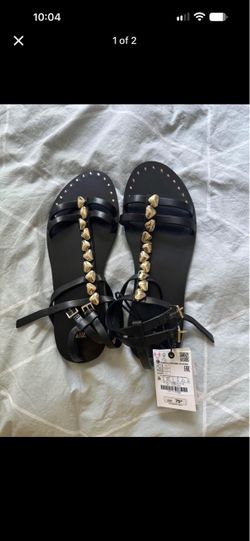 Zara Black Flat Sandals with Gold Studs