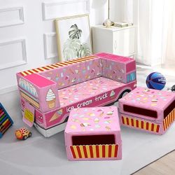 Kids Couch Sofa, Modular Toddler Couch, Convertible Kids Couch, Ice Cream Truck -Themed Modular Sofa for Boys and Girls, Sofa Bed for Bedroom (Pink)