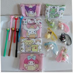 18 PCS Sanrio Characters Theme Coin Purse W/Keyring Keychain Charms w/Mini Lanyard Pens Party Favors Lot