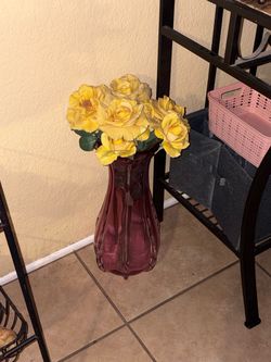 Pink Glass Vase with Faux Yellow Roses