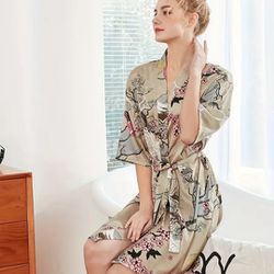 Versatile Silk Blossom Print V- Neck Adjustable Belt Nightgown 