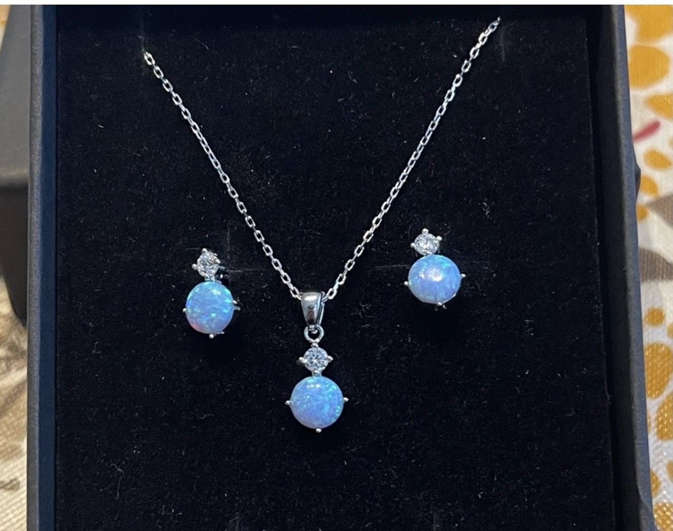 Solid Sterling Silver 925 Blue Opal Earrings N Pendant Set