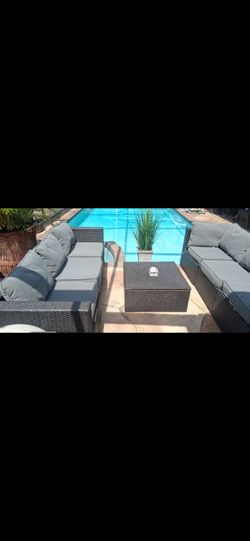 7pc ( can Rearrange ) outdoor furniture sofa set  w cushions  (no plant / candle) pool deck balcony patio porch garden lawn dock lounge chairs