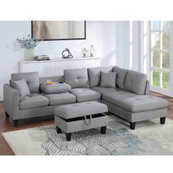 Light Grey Sectional Linen Like Fabric With Pillows Storage Ottoman And Cup Holders Brand New In Box Firm Price $460
