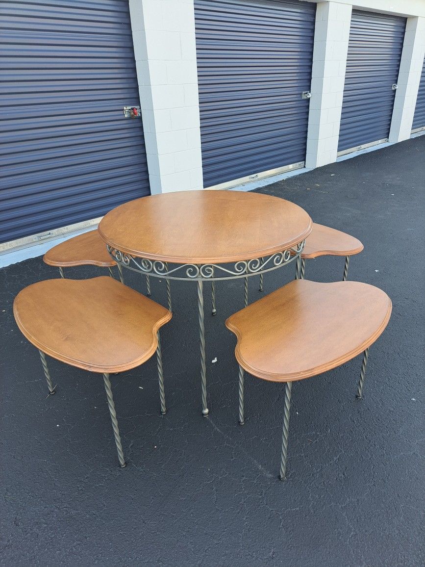 Designer Wooden Oak and Rodiron Breakfast Table.