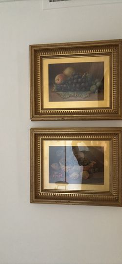 Vintage Gold Framed Fruit Still Life Prints | Classic Wall Art Set of 2 | 13 x 16
