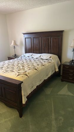 Bedroom set, queen bed and slightly used mattress (snowbird season), dresser, 2 night stands, and a mirror