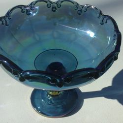 Vintage Carnival Glass Blue Pedestal Bowl