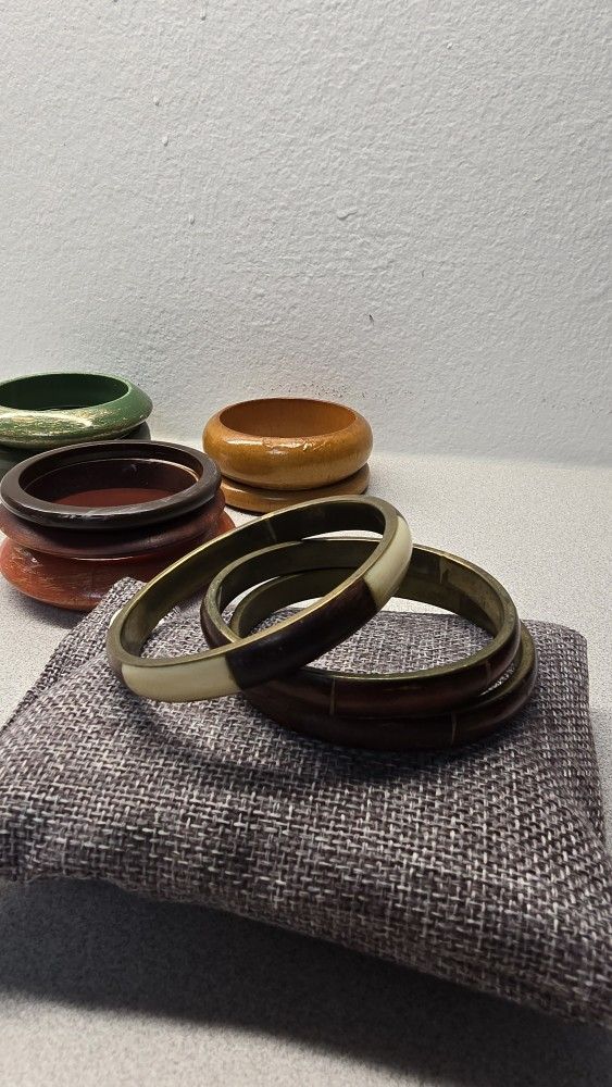 Vintage Wood and Resin Bangle Bracelet Lot Boho Retro Style Set of 10