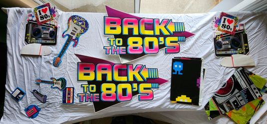 '80s Party Supplies Pack BIG BOX of Decorations Wall Hangers Costumes Posters Toys + Disco Party & Hippie Stuff