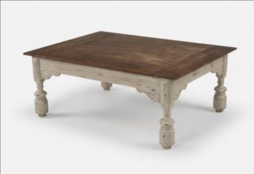 Distressed Two-Tone Coffee Table - Dark Wood Top with White Base & Turned Legs