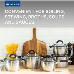 Daniks Orlando 10-Piece Stainless Steel Cookware Set with Glass Lids, Includes Saucepan, Tri-Ply Bases for Even Heating, Induction Compatible, Dishwas