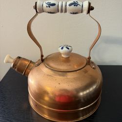 Vintage Aged Copper Tea Kettle w/ Blue & White Ceramic Handle & Lid Knob