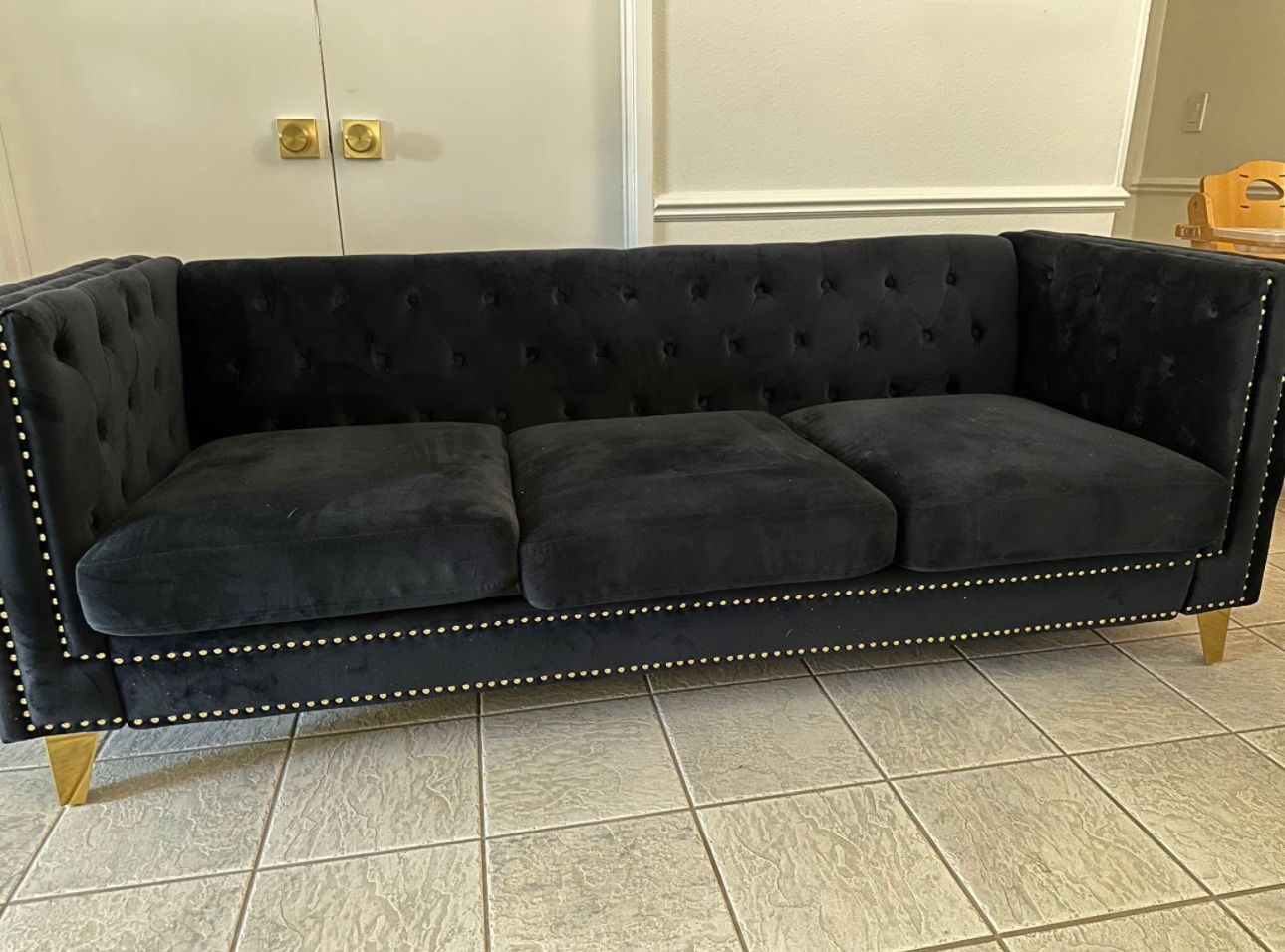 80.5 Inch Velvet Buttons Tufted Couch 3-Seat Sofa with Metal Legs