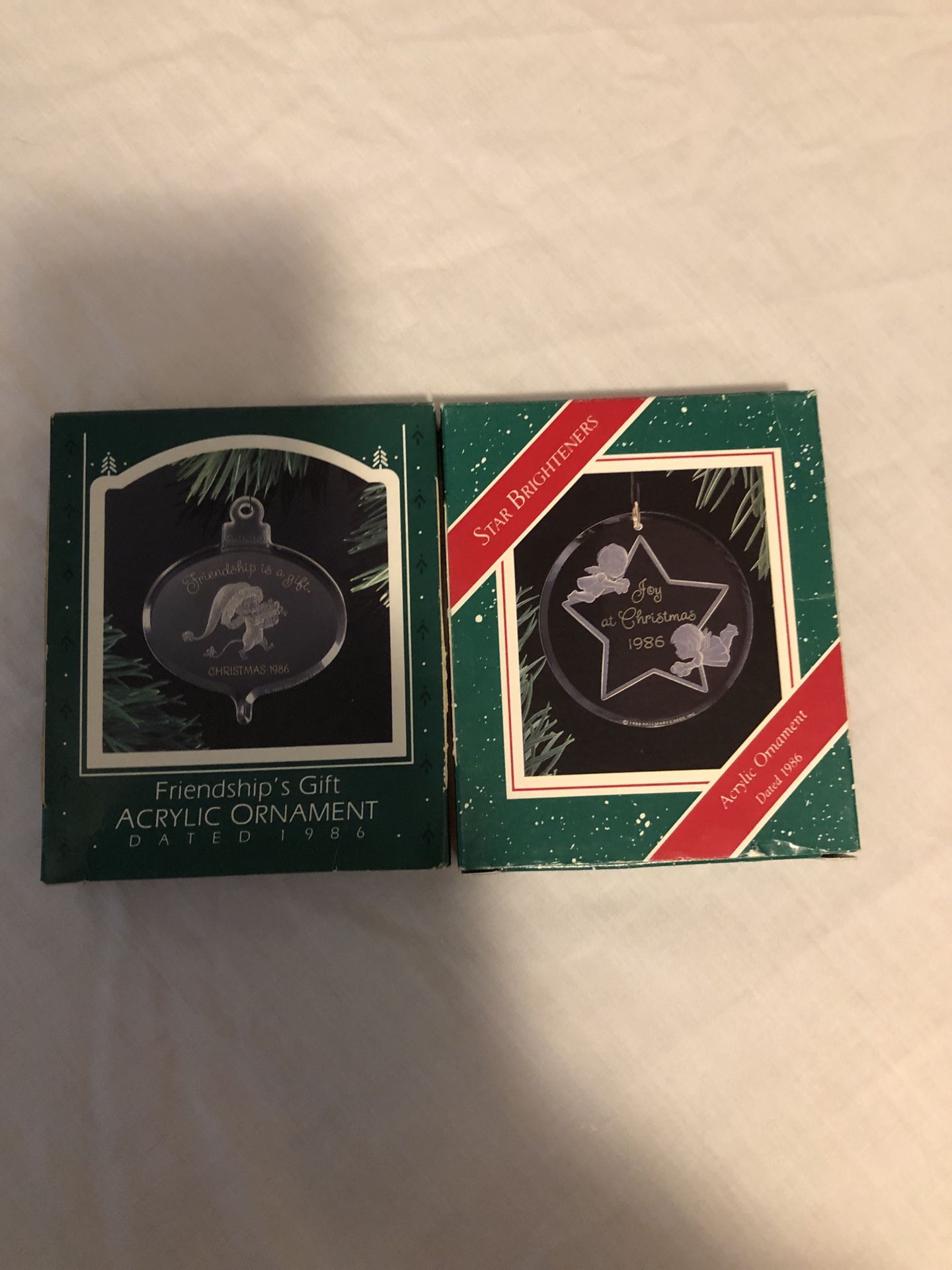 Acrylic Hallmark Ornaments 1986 Friendships Gift And 1986 Joy At Christmas.