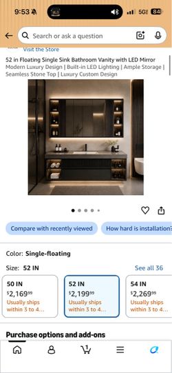 52 in Floating Single Sink Bathroom Vanity with LED Mirror