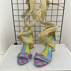 Gianni Bini Blocked Heel Pump Sandal Strap Ankle Slip On Macys Dillards 7 Summer Shopping Mall Yellow Blue Pink Checkered Party 