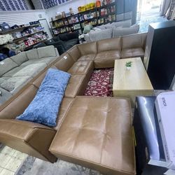Brown Leather Accent Couch With Ottaman 