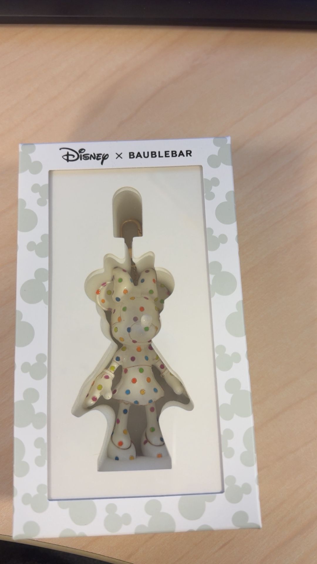 NWT Disney x Baublebar White & Multicolored Polka Dot Minnie Mouse Keychain/Bag Charm