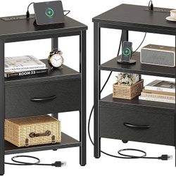 Set of 2 bedside tables with charging base, adjustable fabric drawer, bedside table for bedroom, 3-level side tables, black color