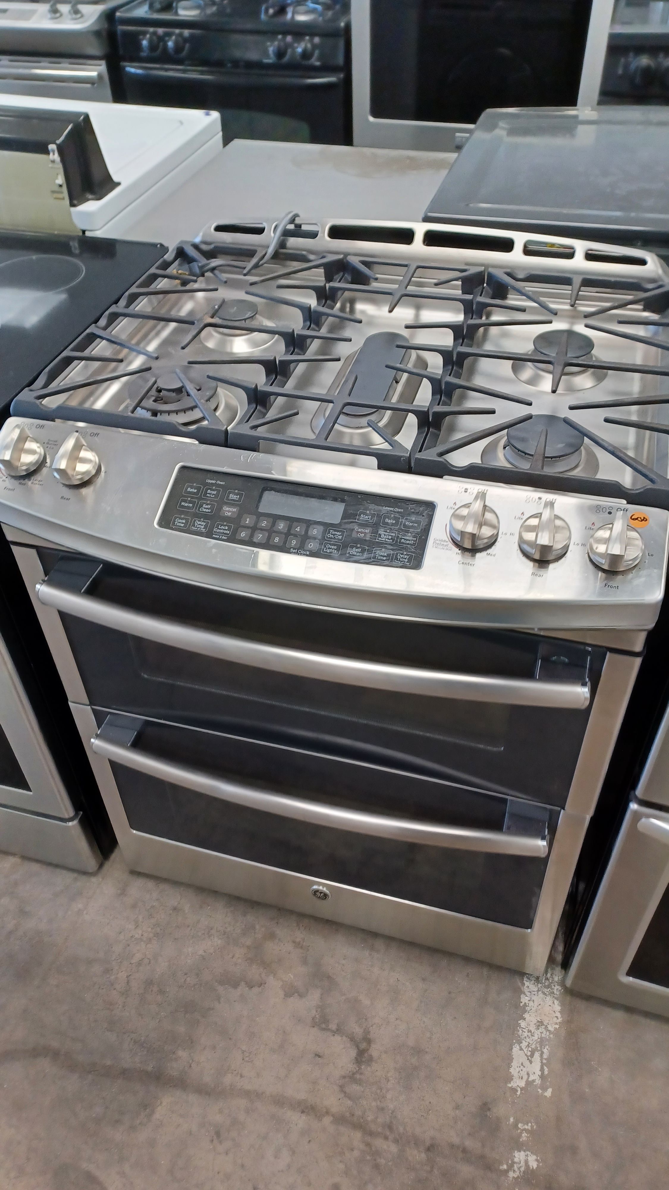 GE profile stainless steel gas range double oven