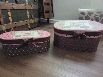 Set of 2 Vintage French Paris Decorative Nesting Storage Boxes with Ribbons