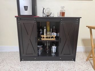 Rustic Dark Brown Coffee Bar Cabinet with Sliding Barn Doors
