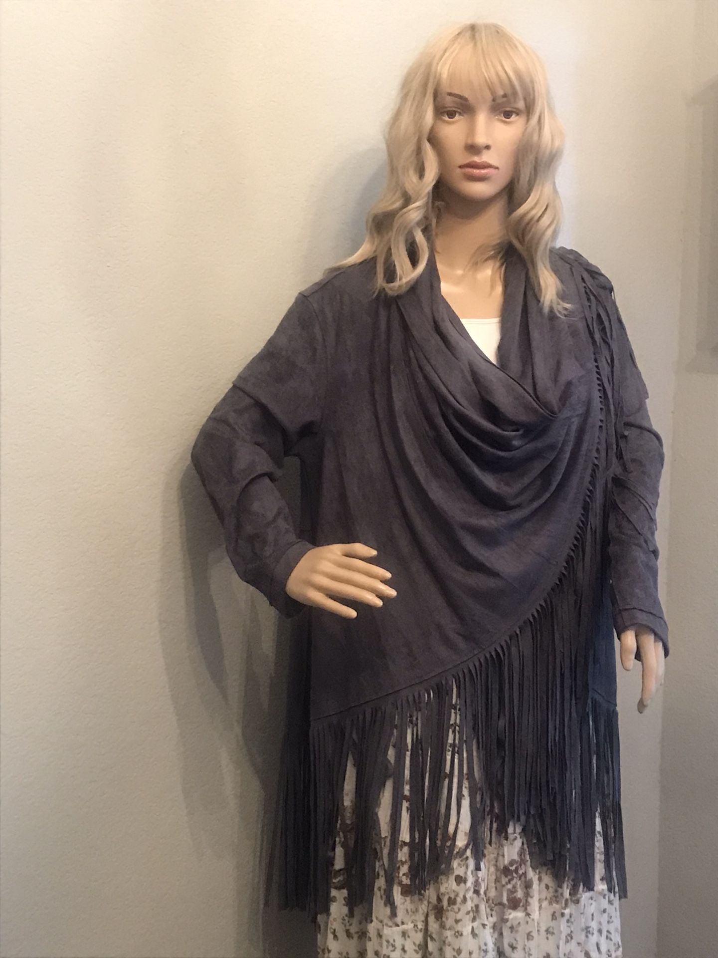 JOH Grey Blue Faux Suede Fringed Jacket Boho Cowgirl S/M