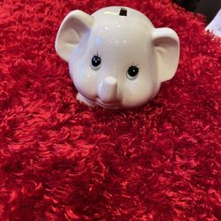 Vintage Big Blue Eye Ceramic White Elephant Piggy Bank Made In Japan