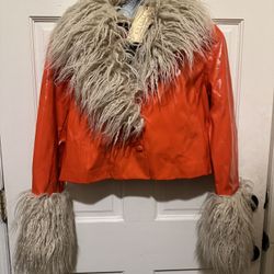 JAYLEY Orange Faux Leather Biker Jacket with Mongolian fur Cuffs and Collar