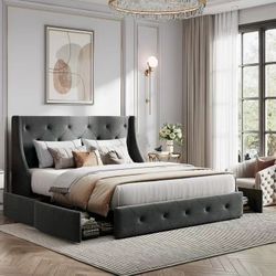 Queen Upholstered Platform Bed Frame with 4 Storage Drawers, Tufted Wingback Headboard,Dark Gray