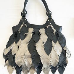 Frosting By Mary Norton Black & Silver Leather Handbag Purse W/ Feather Fringe