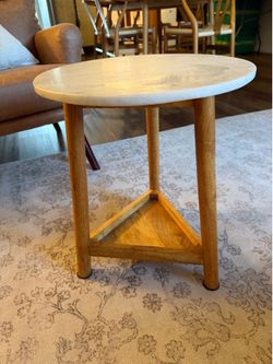 Marble Top Side Table with Wood Base, Round Accent Table