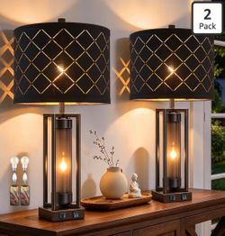 26'' Farmhouse Bedroom Table Lamps Set of 2 with Amber Nightlight